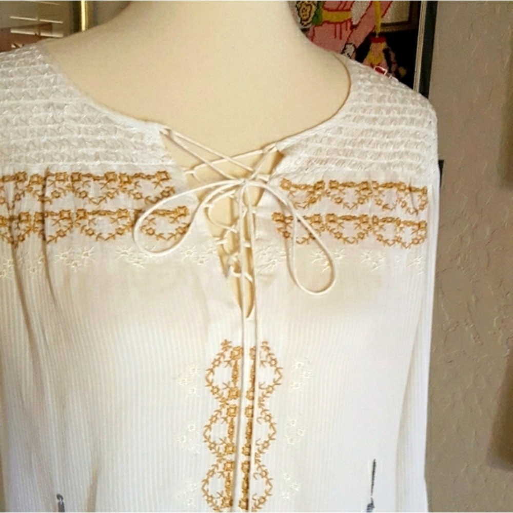 Sundance Ivory Embroidered Sequin Lace Up Boho Peasant Blouse Small - Picture 3 of 7